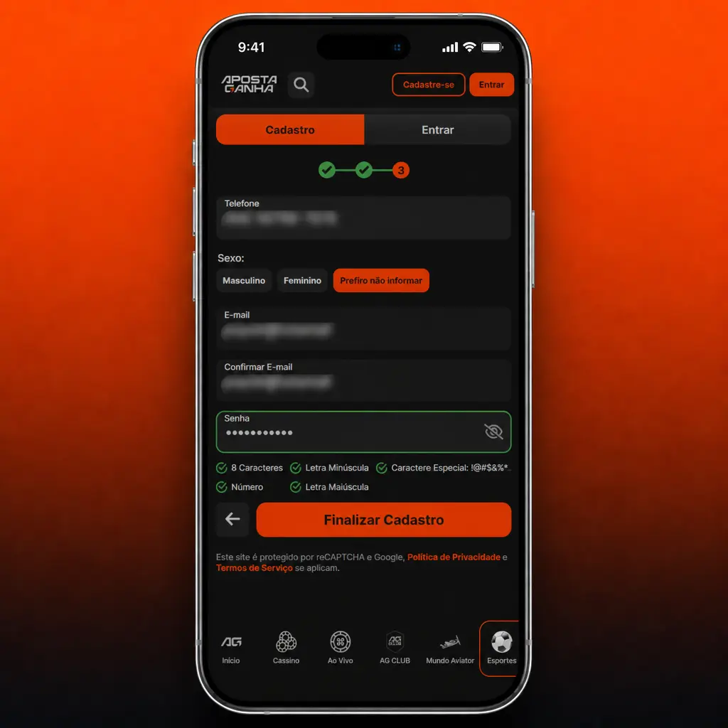 Passo a passo para criar uma conta: preencha dados, senha, aceite os termos e valide por e-mail ou SMS.