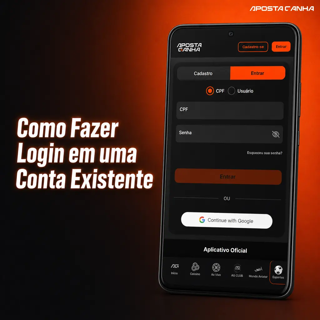 Tela inicial do aplicativo Aposta Ganha mostrando o processo de login com CPF ou e-mail e senha cadastrados.