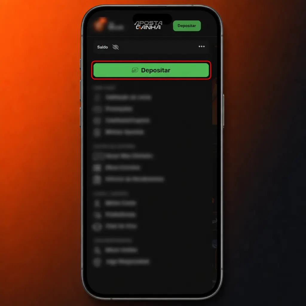 Passo a passo para fazer depósito via Pix no aplicativo Aposta Ganha, mostrando o menu da conta e opção Depositar.