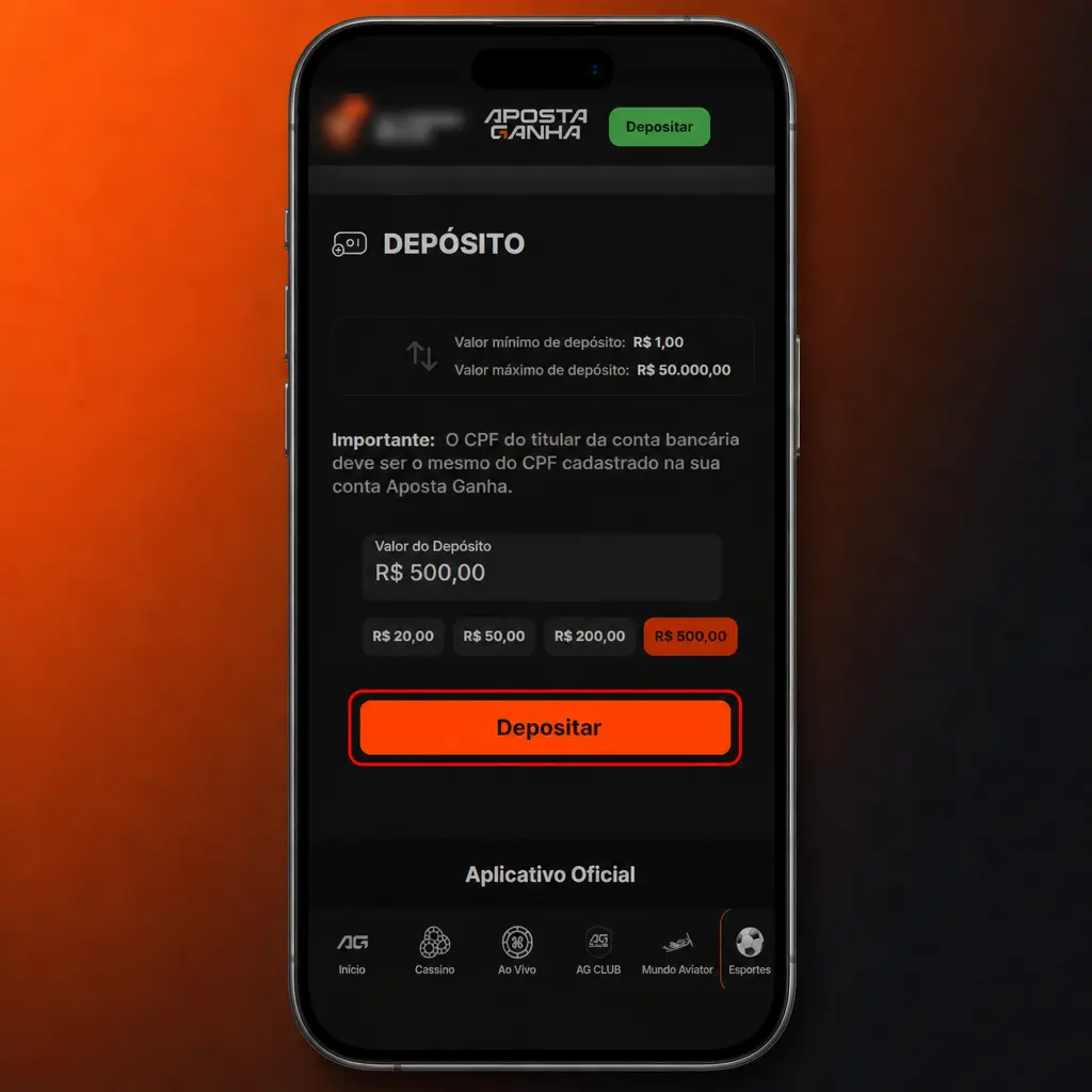 Passo a passo para fazer depósito via Pix no aplicativo Aposta Ganha, mostrando o menu da conta e opções de pagamento.