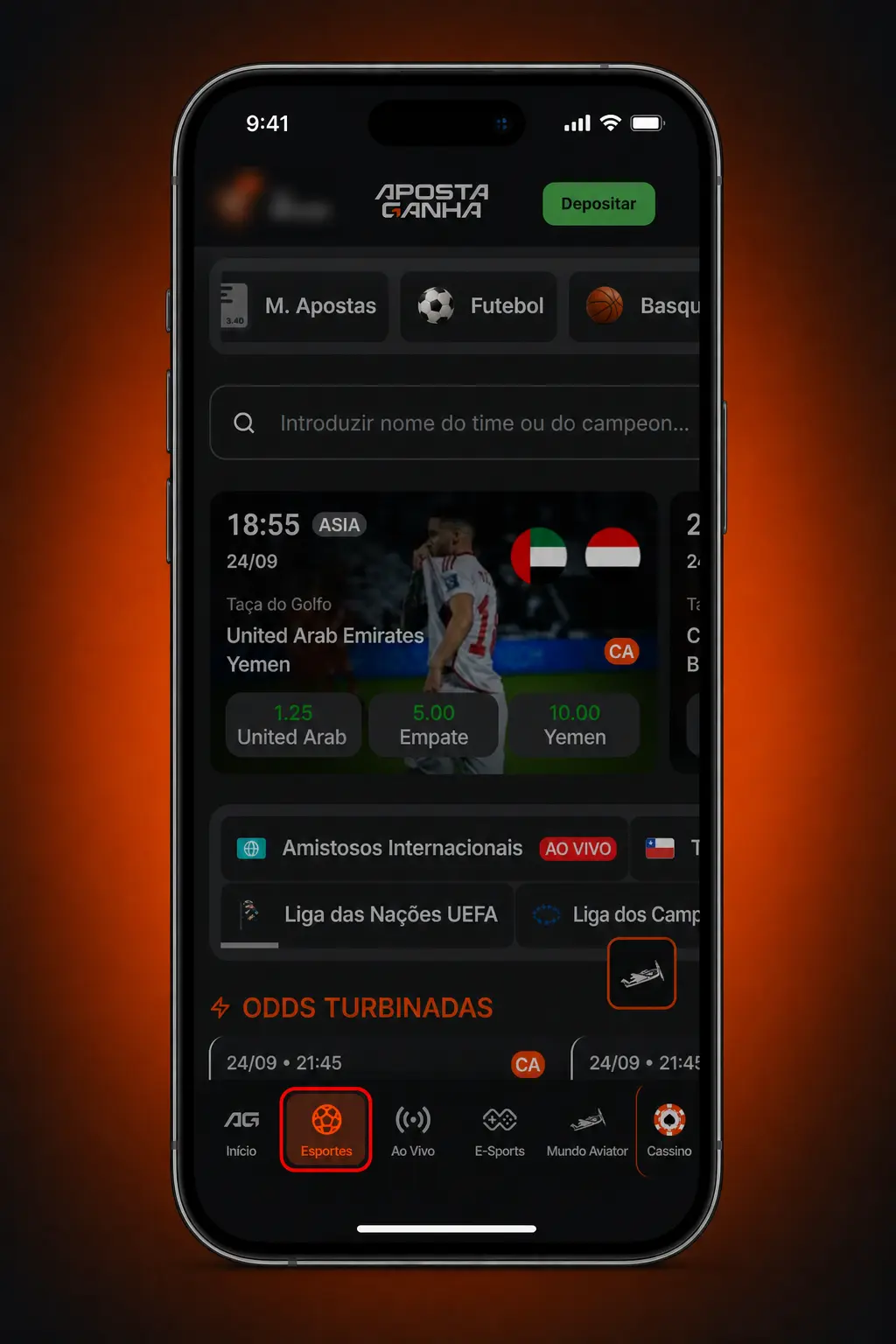 Tela do app Aposta Ganha exibindo odds de hóquei no gelo com destaque para NHL, KHL e SHL no celular.