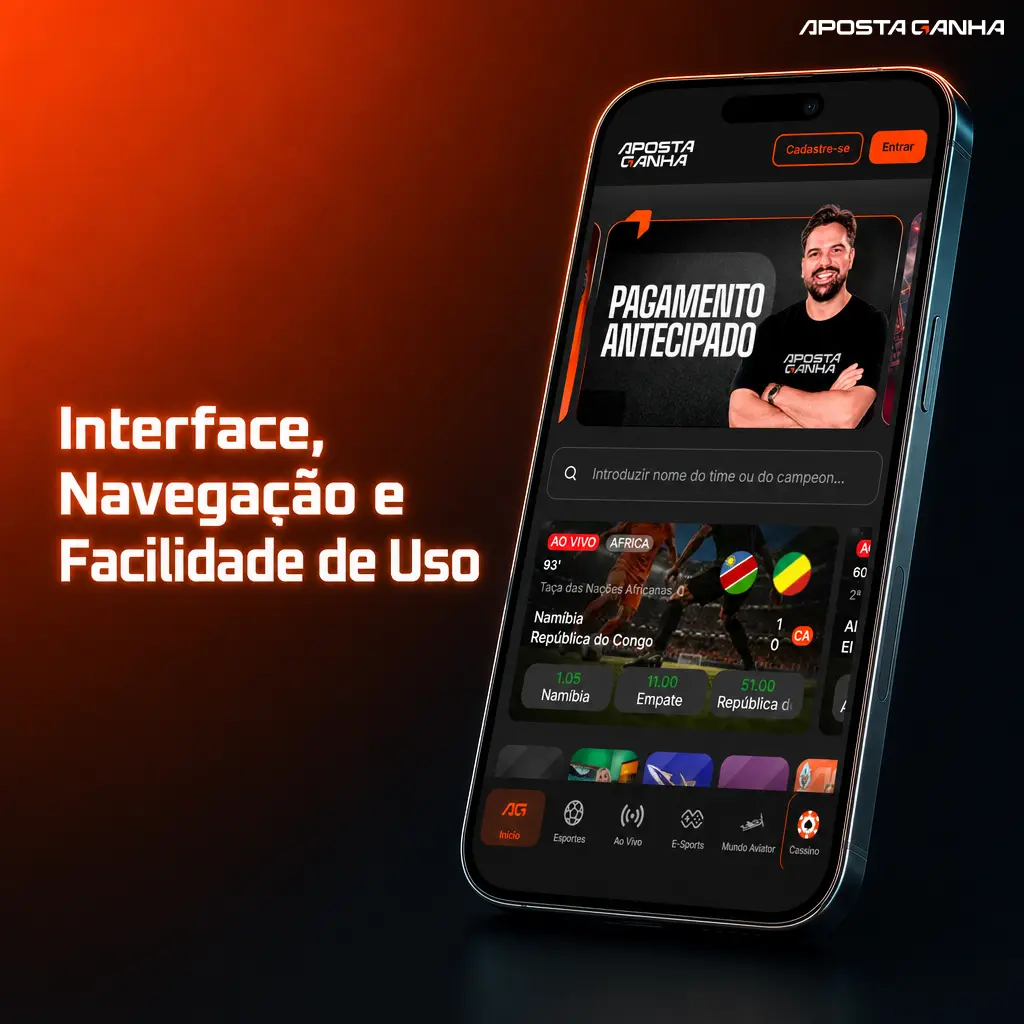 Barra inferior do app Aposta Ganha com atalhos, boletim fixo e filtros de cassino para navegação rápida com uma mão