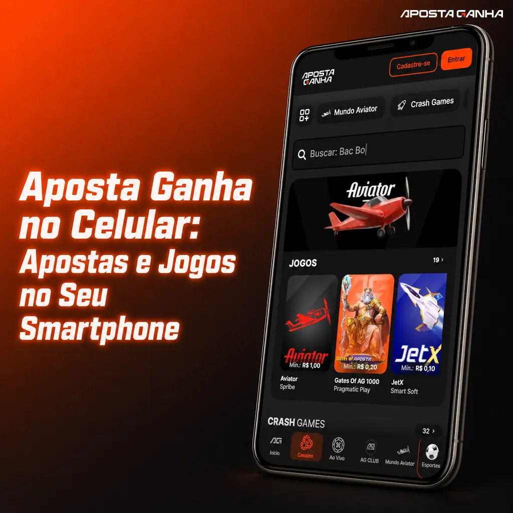 Aplicativo Aposta Ganha no smartphone para apostas ao vivo, slots e saques rápidos via Android ou iOS