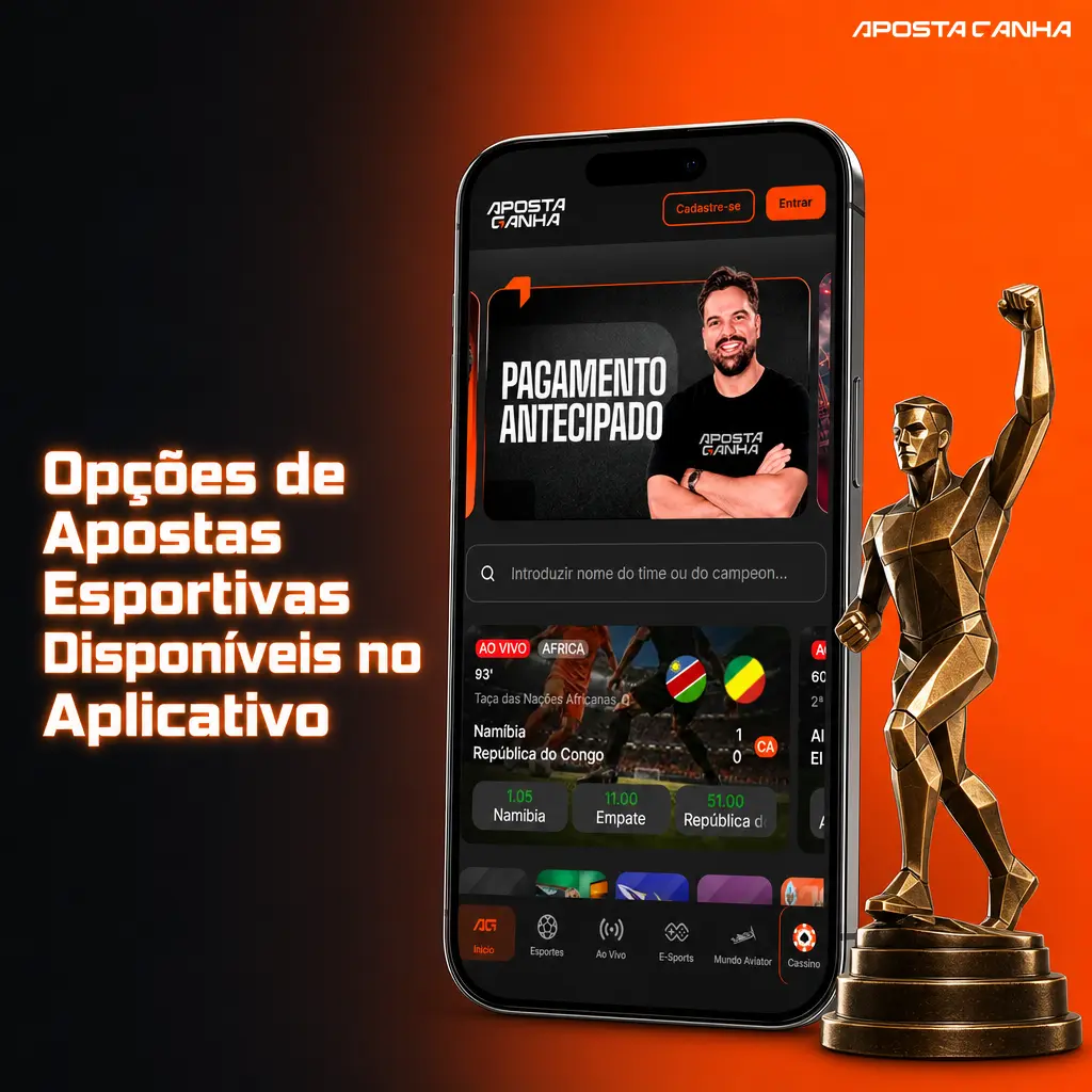 Opções de apostas esportivas no aplicativo Aposta Ganha: futebol, basquete, tênis, vôlei, MMA, F1, e-sports, boxe e handebol