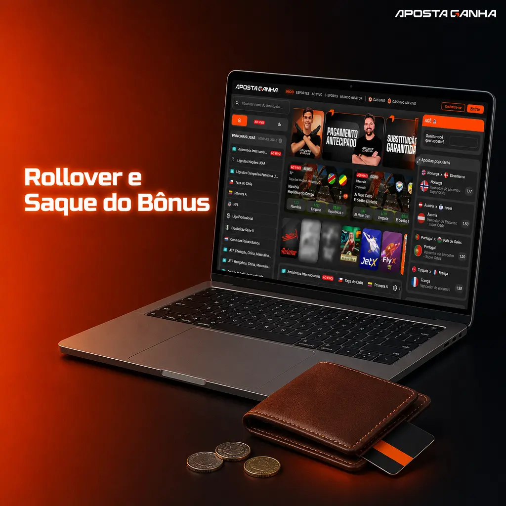 Regras de rollover e saque do bônus na Aposta Ganha, incluindo prazo de 7 dias e saque via Pix