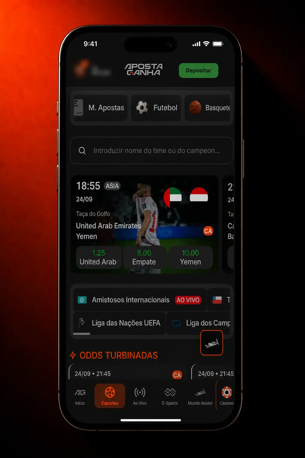Tela do aplicativo Aposta Ganha mostrando mercados de apostas em Fórmula 1 com odds e login por biometria.