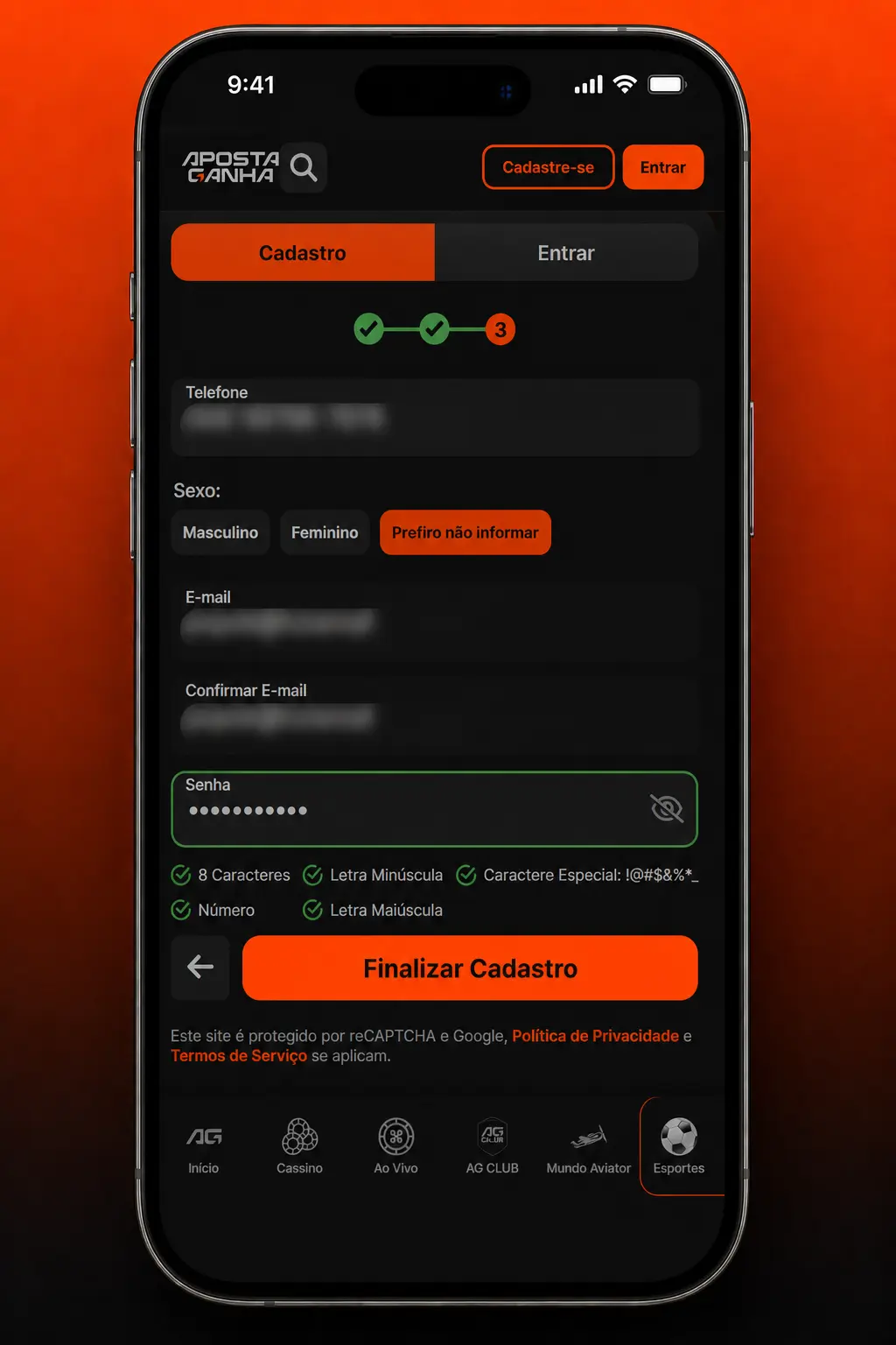 Passo a passo para criar conta na Aposta Ganha: dados pessoais, senha segura e confirmação de idade.