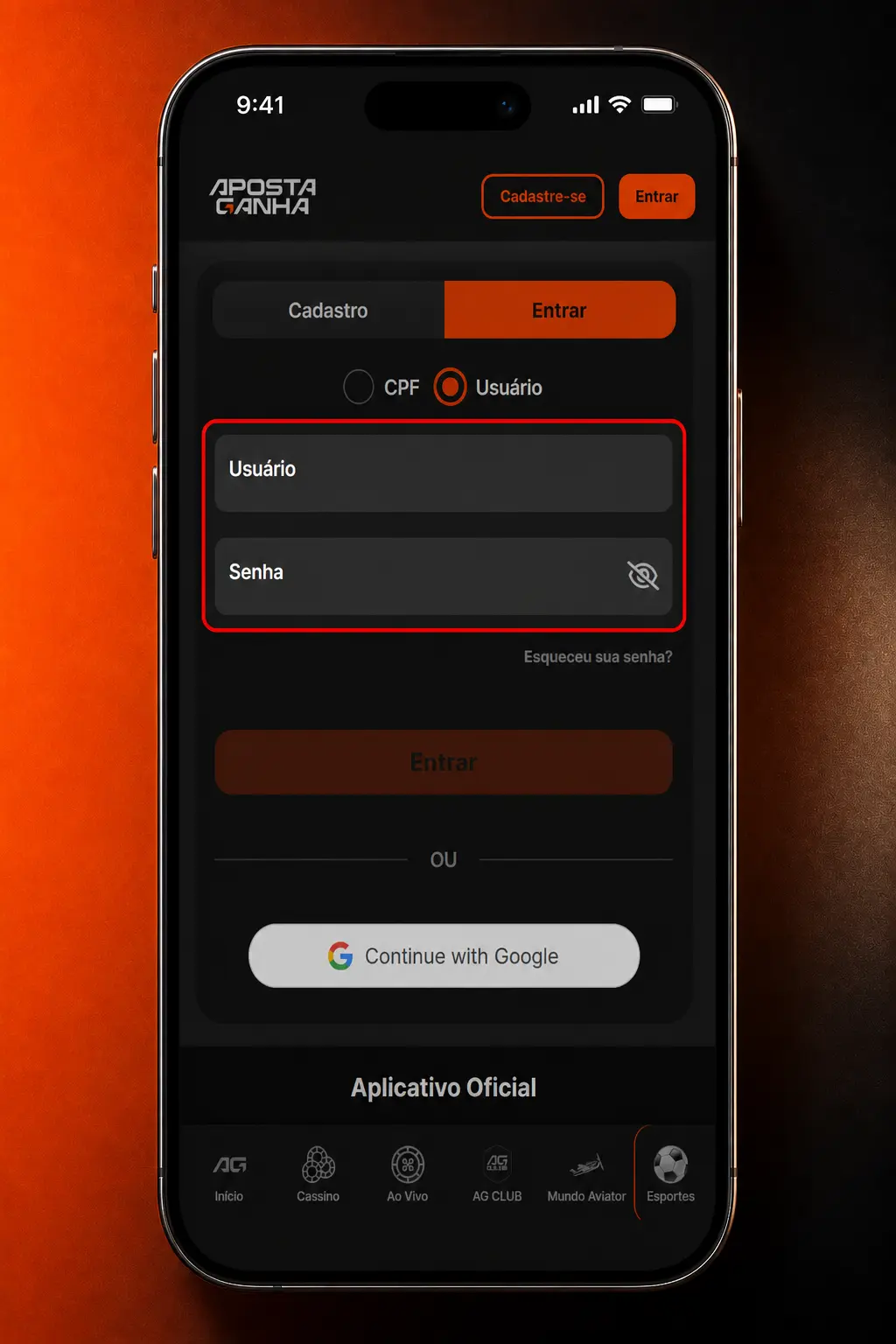 Passo a passo para fazer login no Aposta Ganha App: digite CPF ou e-mail, senha e toque em Acessar.