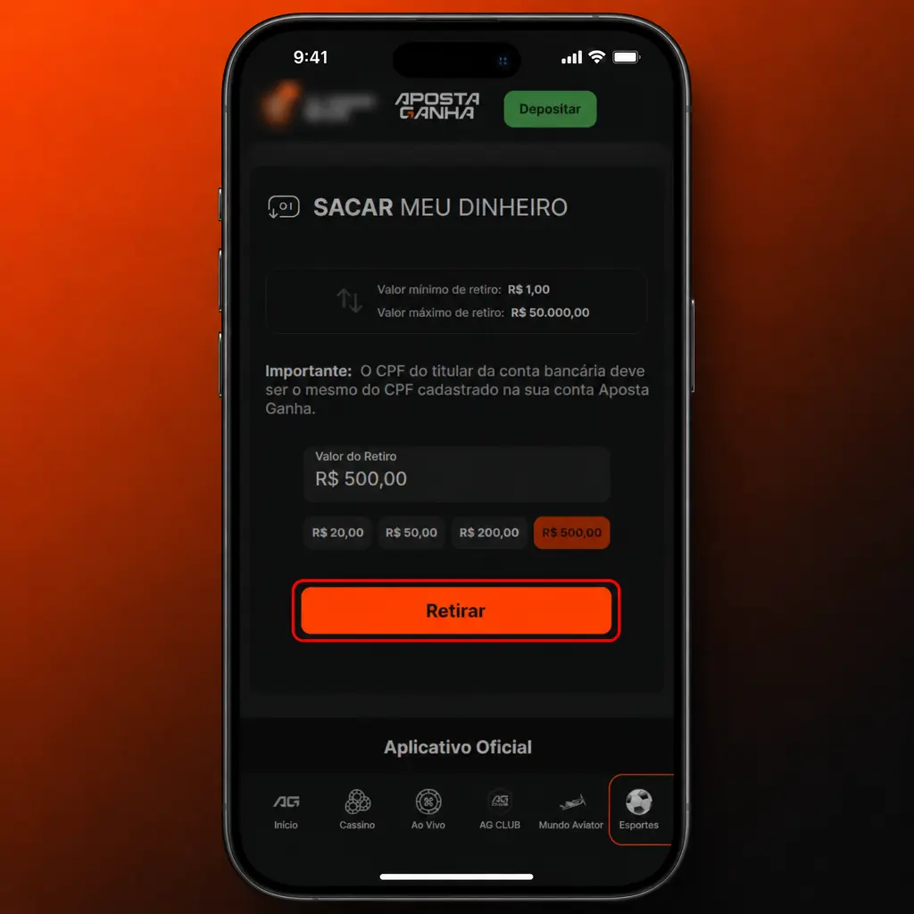 Passo a passo para sacar na Aposta Ganha: selecione Pix, AstroPay ou cripto e confirme o valor mínimo de 50 BRL.