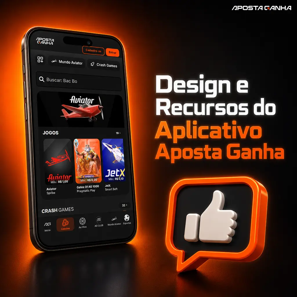 Interface do aplicativo Aposta Ganha em laranja e grafite, com odds, cassino ao vivo e navegação por barra inferior