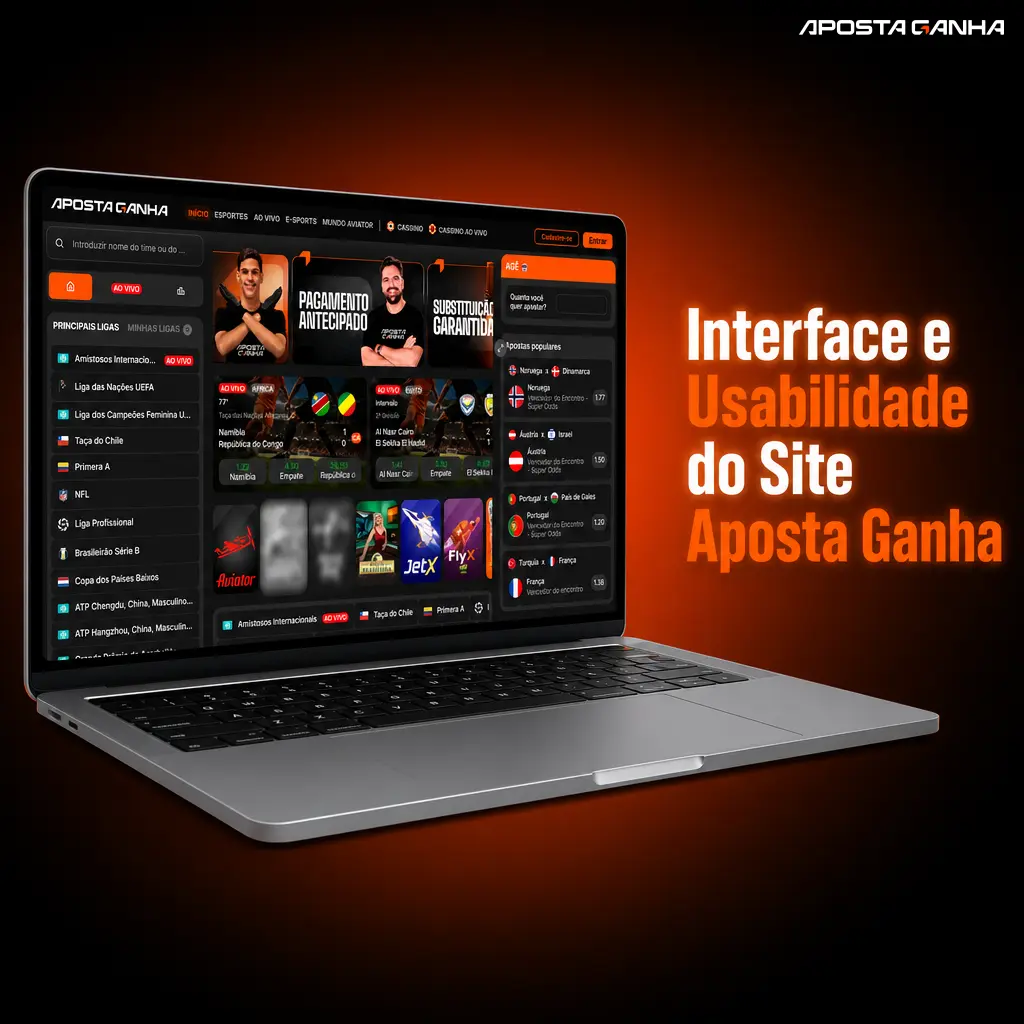 Interface escura com detalhes em laranja do site Aposta Ganha, mostrando menu de esportes, cassino e barra de busca