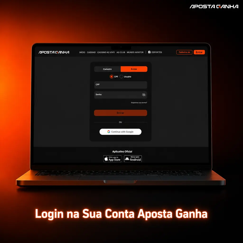 Tela de login da Aposta Ganha com campos para e-mail ou telefone e senha para acessar a conta.