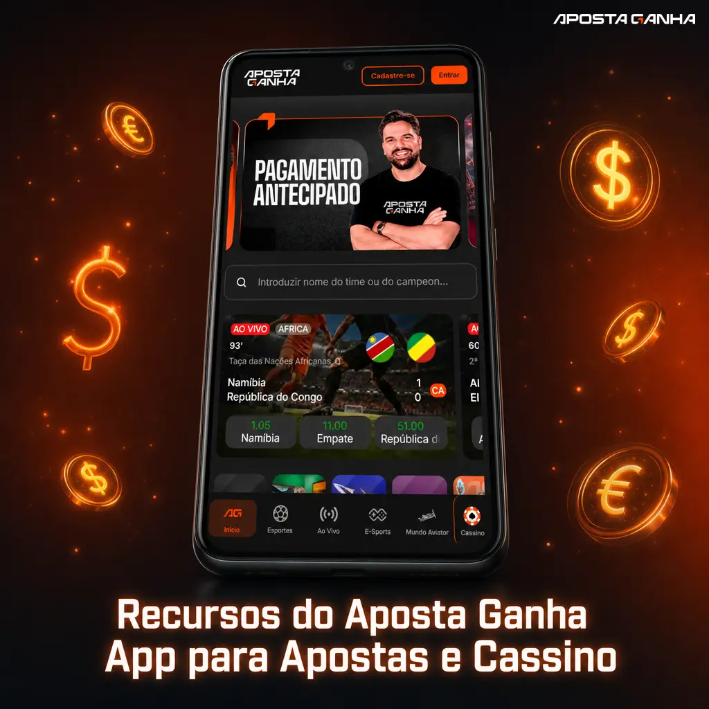 Tela do Aposta Ganha App mostrando recursos de apostas esportivas, cassino ao vivo, pagamentos via Pix e gestão de conta.