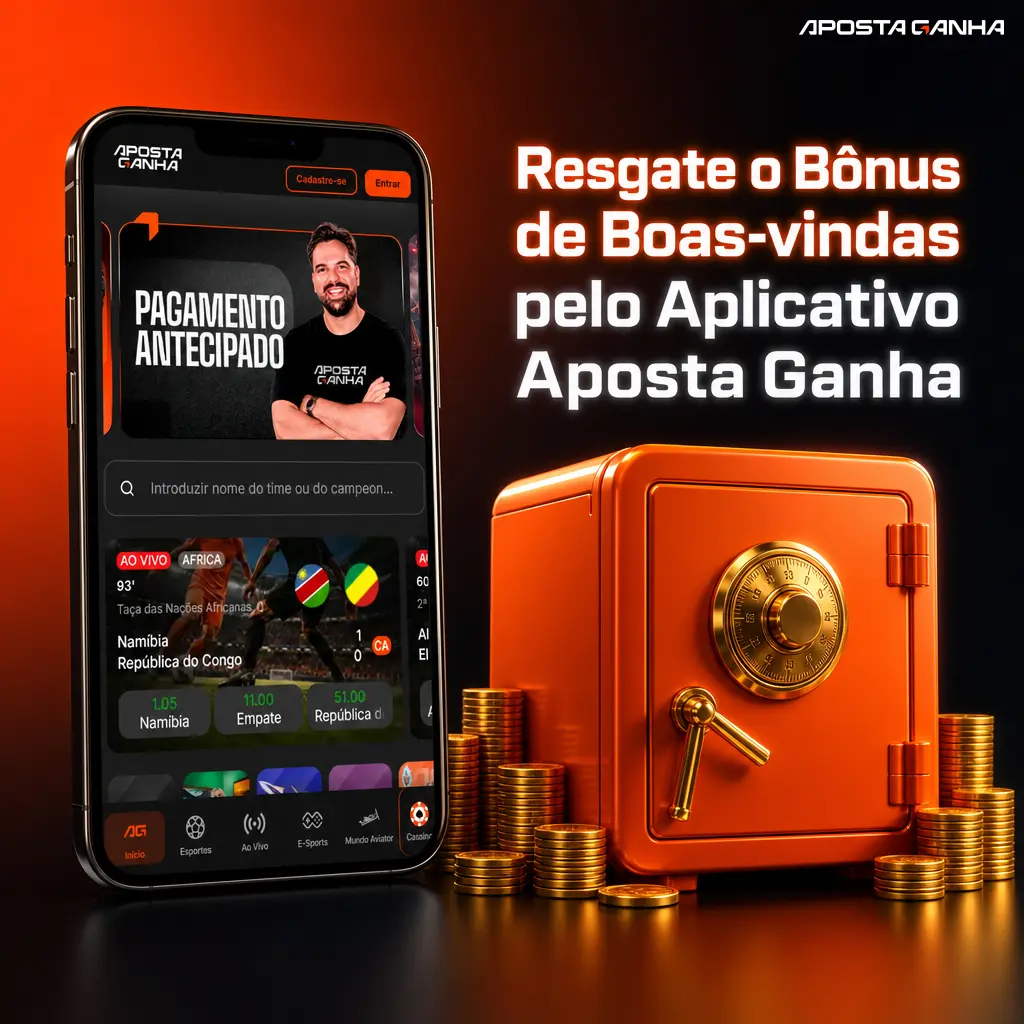 Aplicativo Aposta Ganha na tela de cadastro mostrando como resgatar o bônus de 100% no primeiro depósito