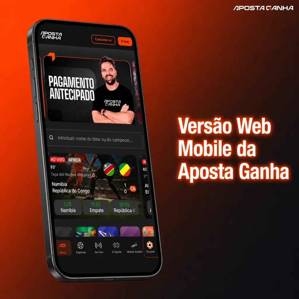 Versão web mobile da Aposta Ganha aberta no navegador do celular, com layout adaptado para apostas e cassino online.